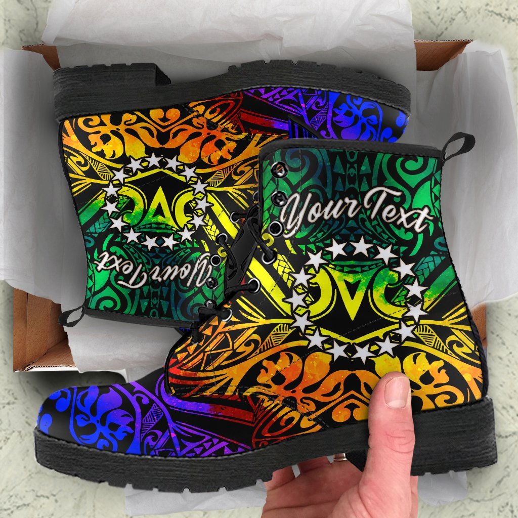 Cook Islands Custom Personalised Leather Boots - Rainbow Polynesian Pattern Rainbow - Polynesian Pride