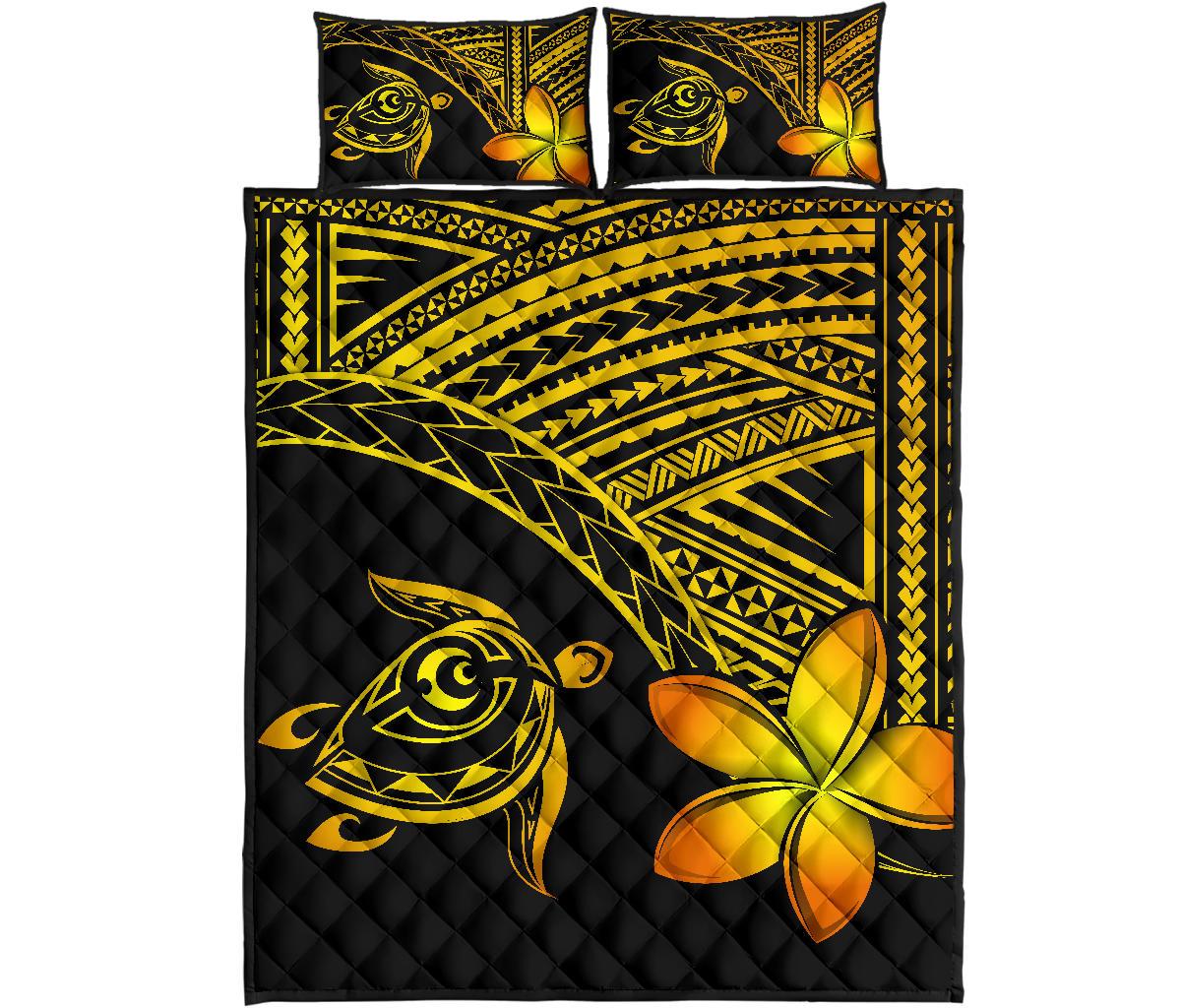 Hawaiian Turtle Plumeria Polynesian Quilt Bedding Set Yellow Yellow - Polynesian Pride