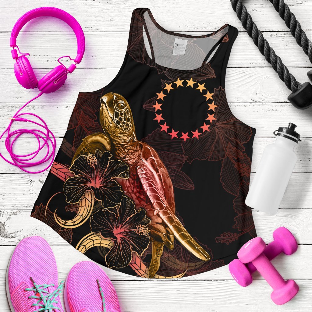 Cook Islands Polynesian Women Tank Top - Turtle With Blooming Hibiscus Gold Gold - Polynesian Pride