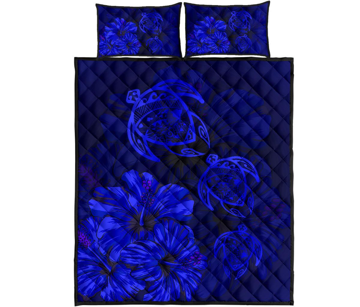 Hawaiian Map Turtle Hibiscus Vintage Polynesian Quilt Bedding Set Blue Blue - Polynesian Pride