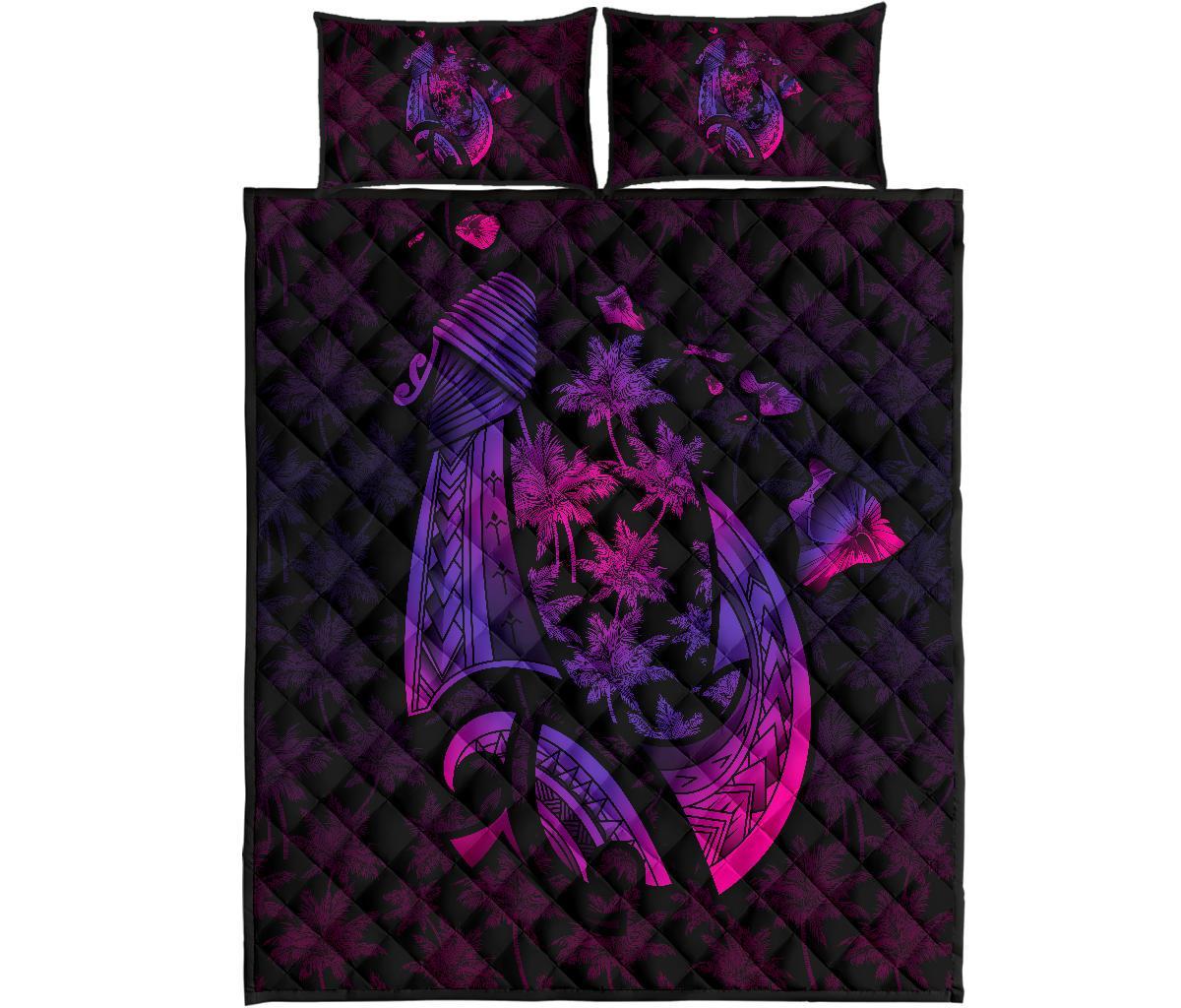 Hawaiian Map Palm Trees Fish Hook Polynesian Quilt Bedding Set Colorful Purple Art - Polynesian Pride