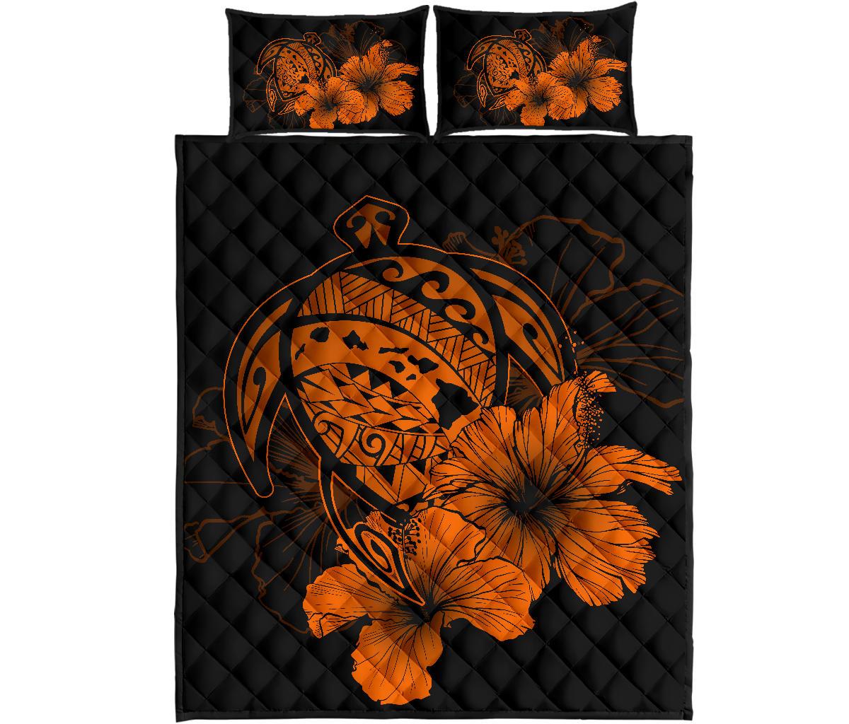 Hawaiian Map Turtle Hibiscus Polynesian Quilt Bedding Set - Orange Orange - Polynesian Pride