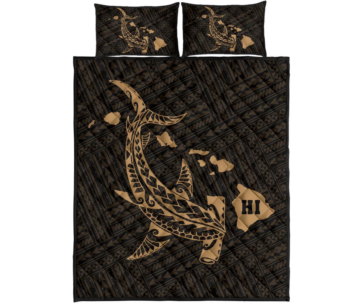 Hawaiian Map Hamerhead Shark Polynesian Quilt Bedding Set Gold Gold - Polynesian Pride