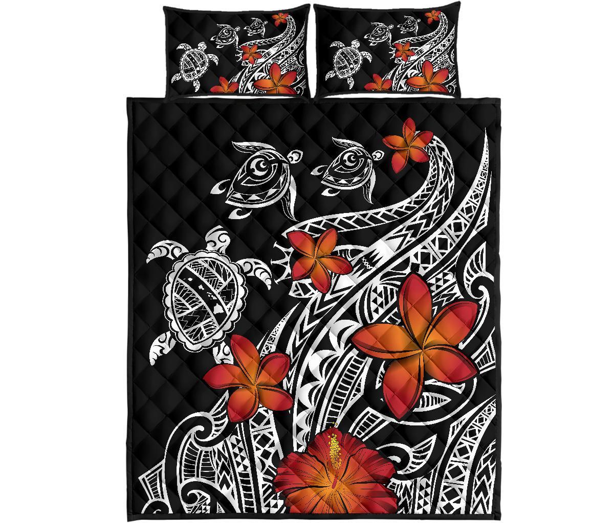 Hawaiian Map Turtle Swim Plumeria Polynesian Quilt Bedding Set Black - Polynesian Pride