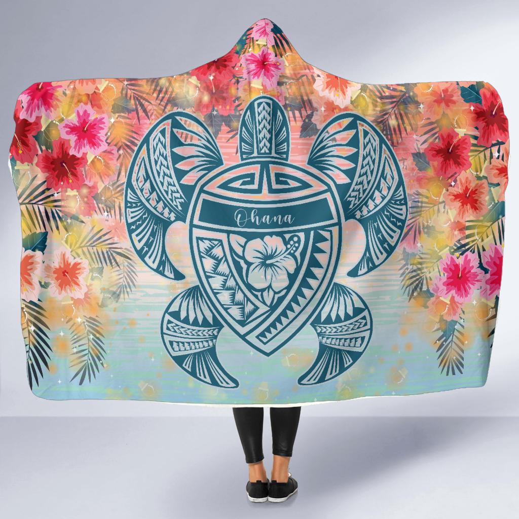 Hawaii Turtle Ohana Stary Night Hibiscus Hooded Blanket Hooded Blanket Pastel - Polynesian Pride