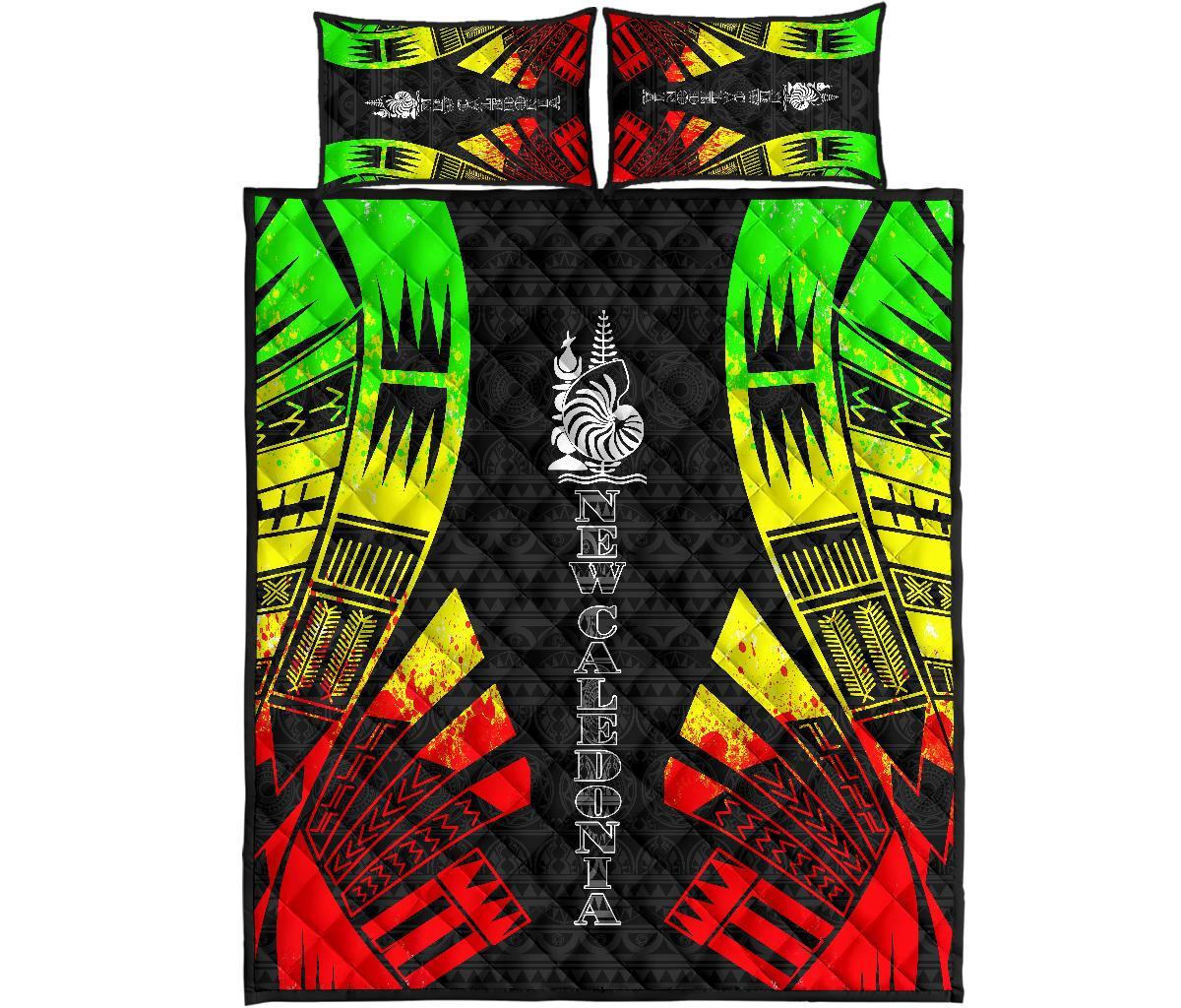 New Caledonia Quilt Bed Set - New Caledonia Coat Of Arms & Polynesian Reggae Tattoo Style Art - Polynesian Pride