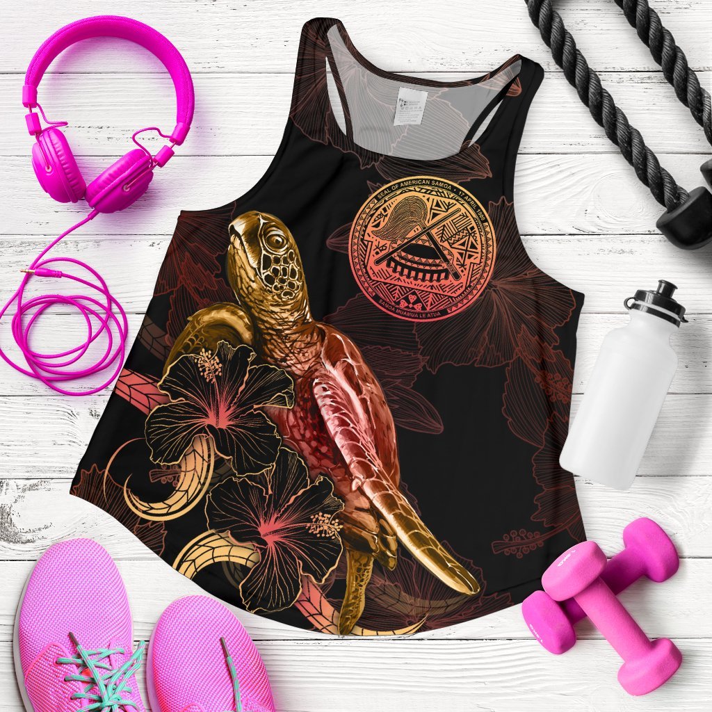 American Samoa Polynesian Women Tank Top - Turtle With Blooming Hibiscus Gold Gold - Polynesian Pride