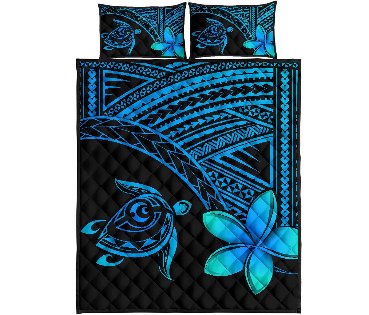 Hawaiian Turtle Plumeria Polynesian Quilt Bedding Set Blue Blue - Polynesian Pride