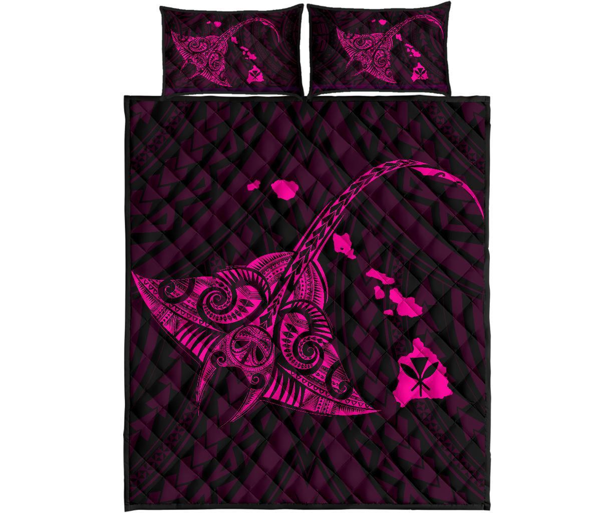 Hawaii Manta Ray Map Polynesian Pink Quilt Bed Set Art - Polynesian Pride