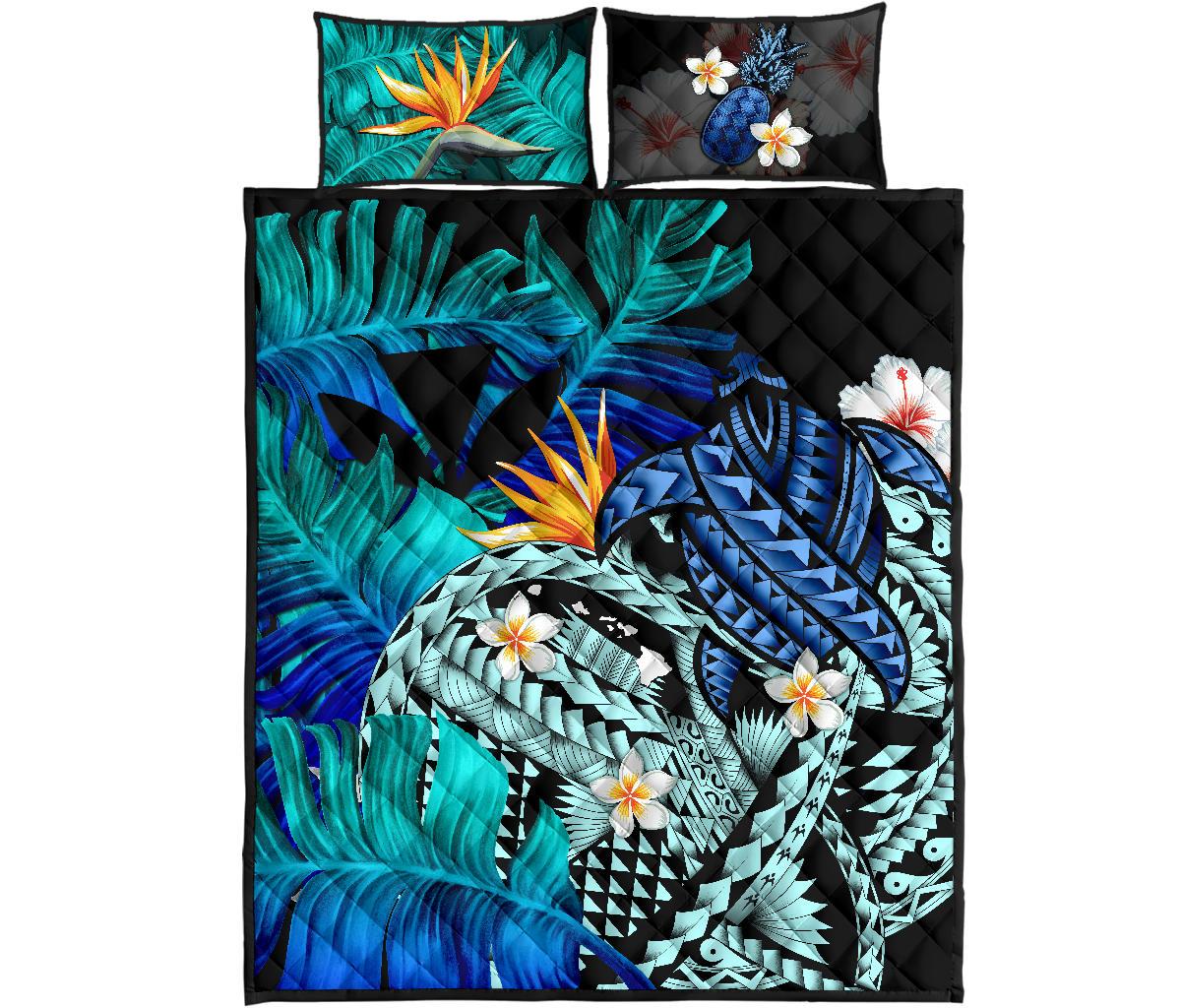 Kanaka Maoli (Hawaiian) Quilt Bed Set, Polynesian Pineapple Banana Leaves Turtle Tattoo Blue King 230cm x 260cm - Polynesian Pride