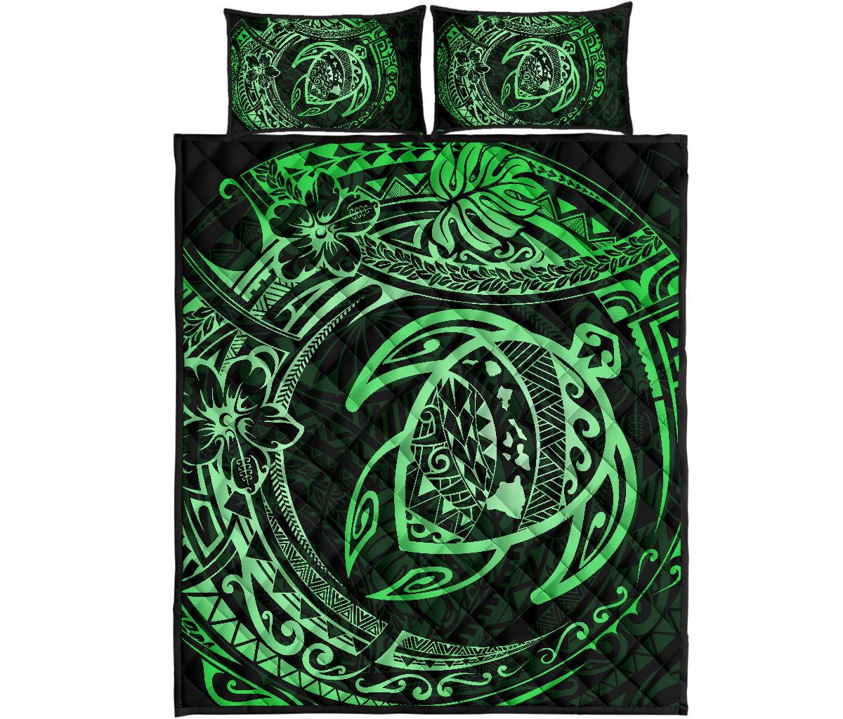 Hawaiian Map Turtle Polynesian Quilt Quilt Bedding Set Circle Green Black - Polynesian Pride