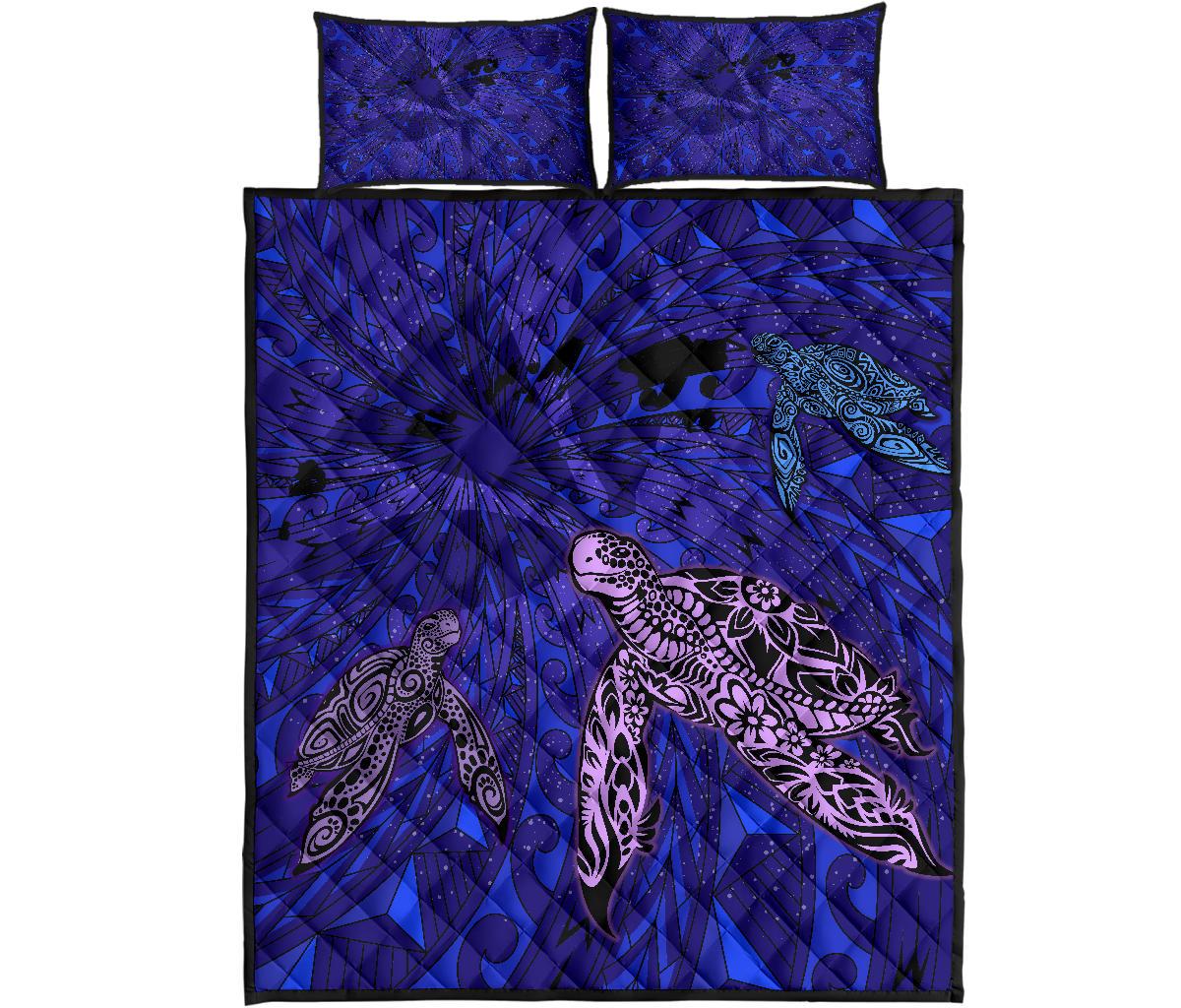 Hawaii Map Kanaka Turtle Quilt Bed Set - Volcano Style Blue - Polynesian Pride