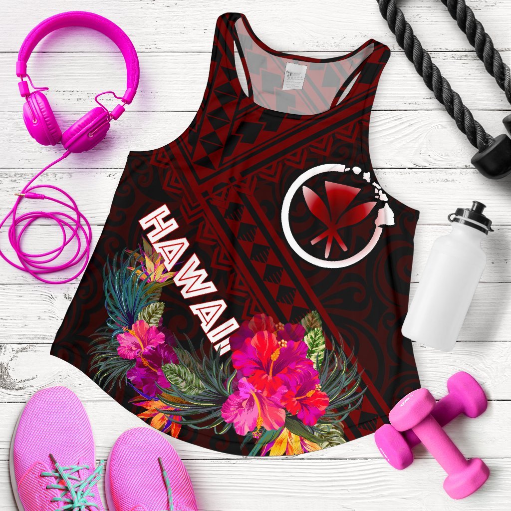 Hawaii Women's Racerback Tank - Kanaka Maoli With Hibiscus On Polynesian Patterns (RED) Red - Polynesian Pride