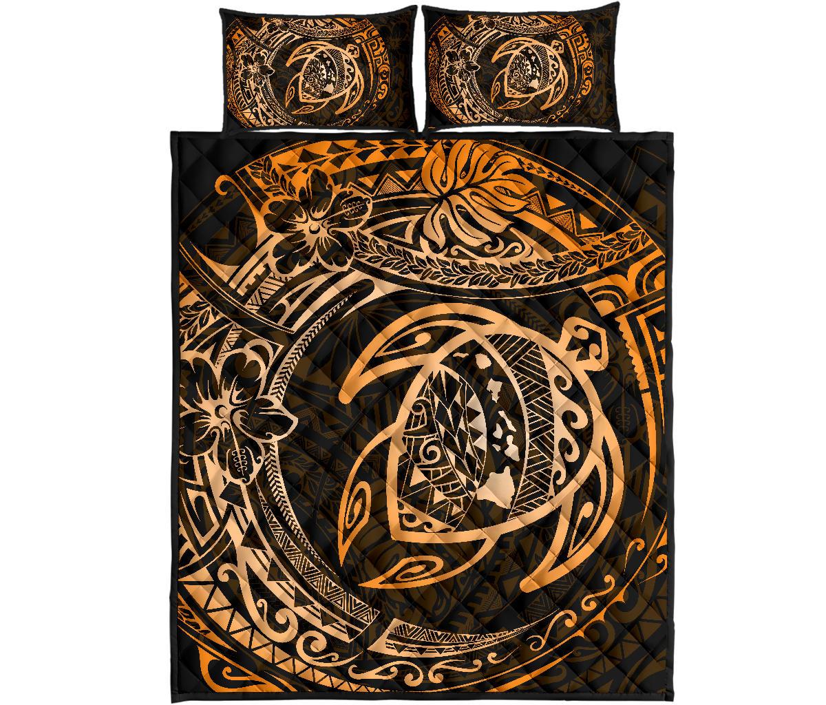 Hawaiian Map Turtle Polynesian Quilt Quilt Bedding Set Circle Orange Black - Polynesian Pride