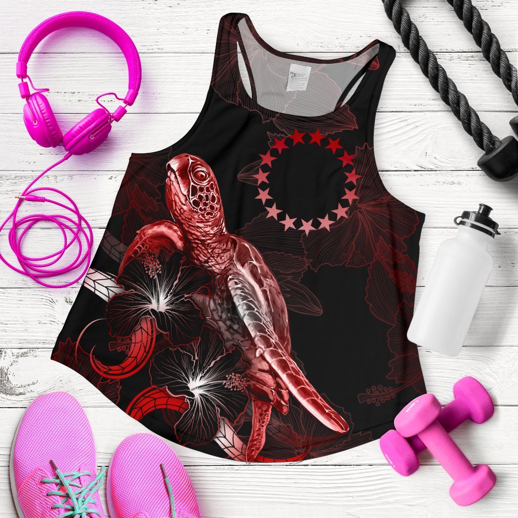 Cook Islands Polynesian Women Tank Top - Turtle With Blooming Hibiscus Red Red - Polynesian Pride