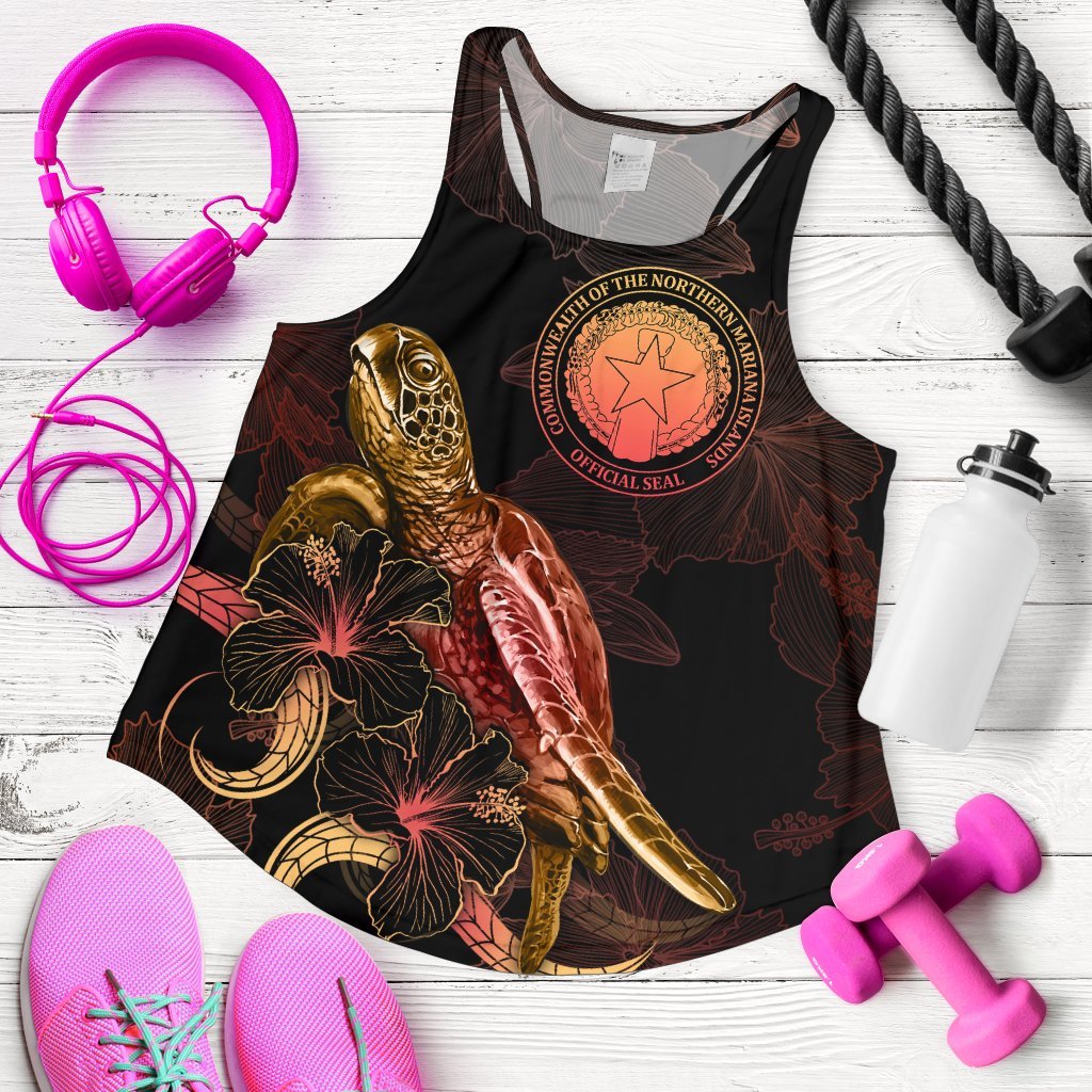 CNMI Polynesian Women Tank Top - Turtle With Blooming Hibiscus Gold Gold - Polynesian Pride