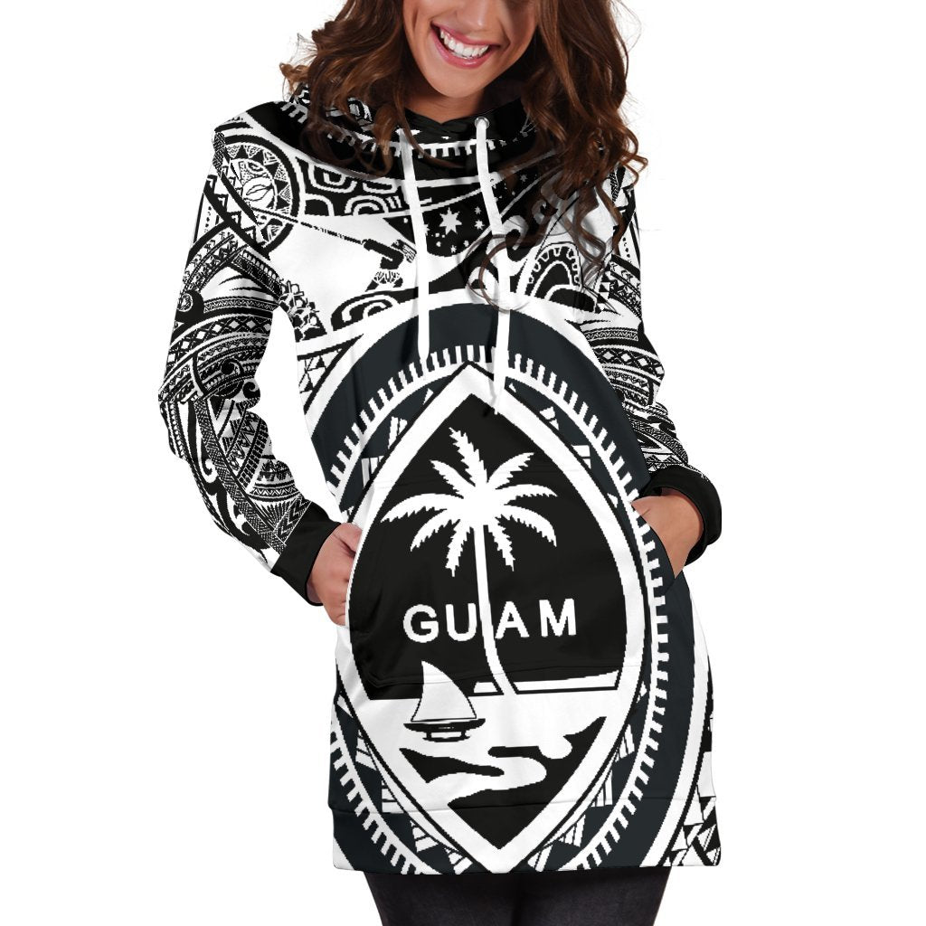 Polynesian Hoodie Dresses - Guam Flag, Seal with Maui Moana Tattoo White - Polynesian Pride