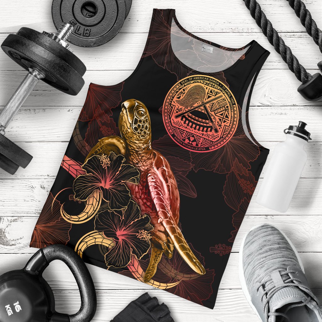 American Samoa Men Tank Top - Turtle With Blooming Hibiscus Gold Gold - Polynesian Pride