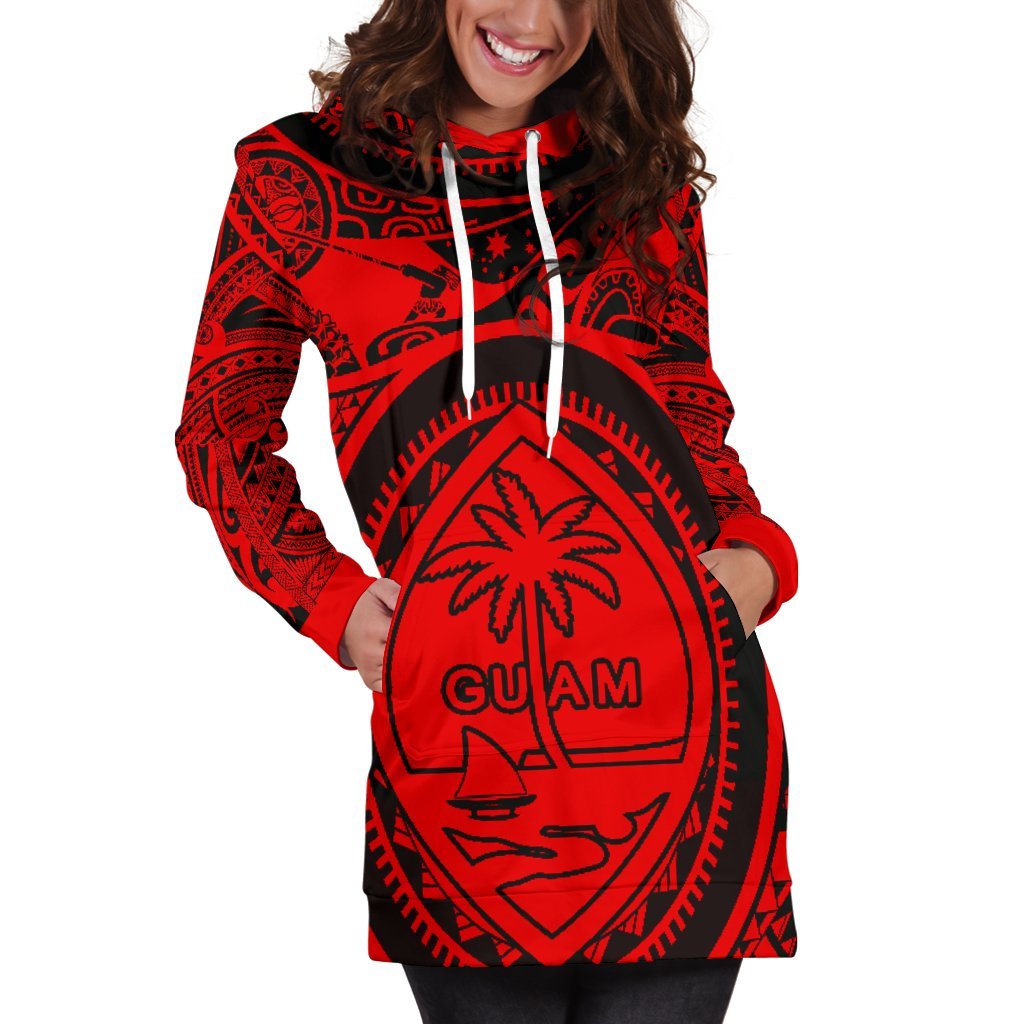 Polynesian Hoodie Dresses - Guam Flag, Seal with Maui Moana Tattoo Red - Polynesian Pride