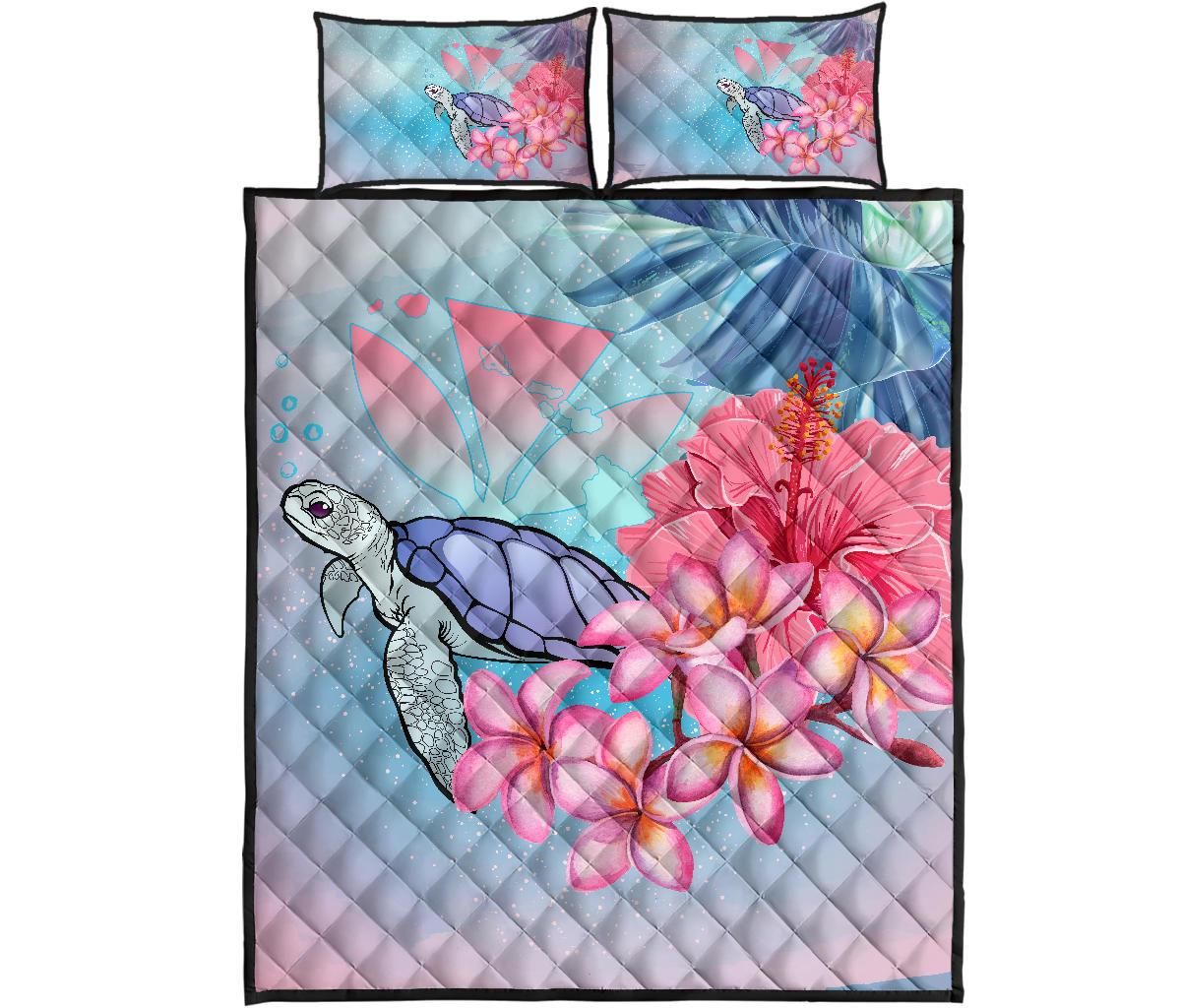 Hawaii Map Kanaka Turtle Galaxy Night Plumeria Hibiscus Quilt Bed Set Blue - Polynesian Pride