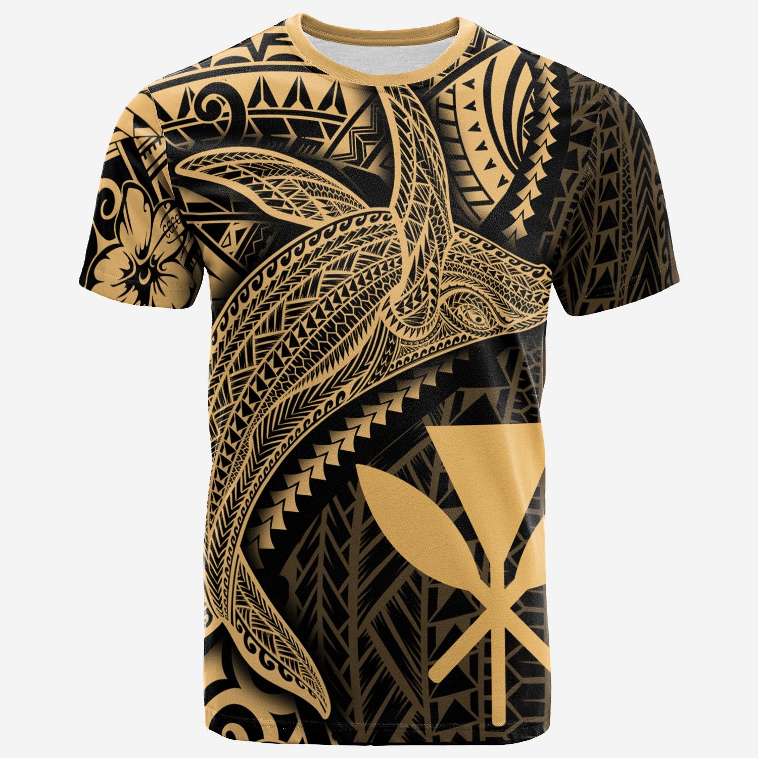 Hawaii Kanaka Maoli T Shirt Humpback Whale & Coat of Arms Gold Unisex Art - Polynesian Pride