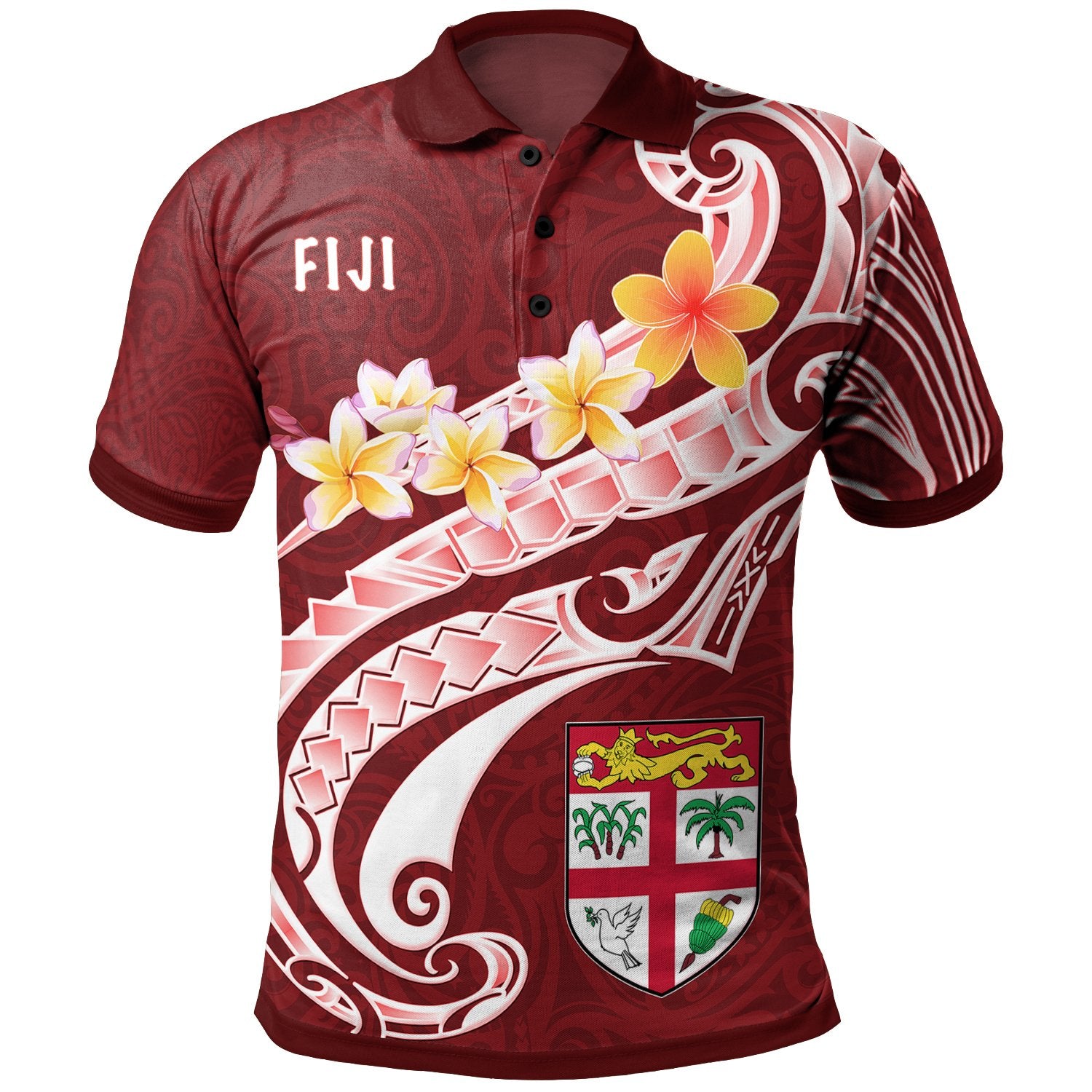 Fiji Polo Shirt Viti Seal Polynesian Patterns Plumeria (Red) Unisex Red - Polynesian Pride