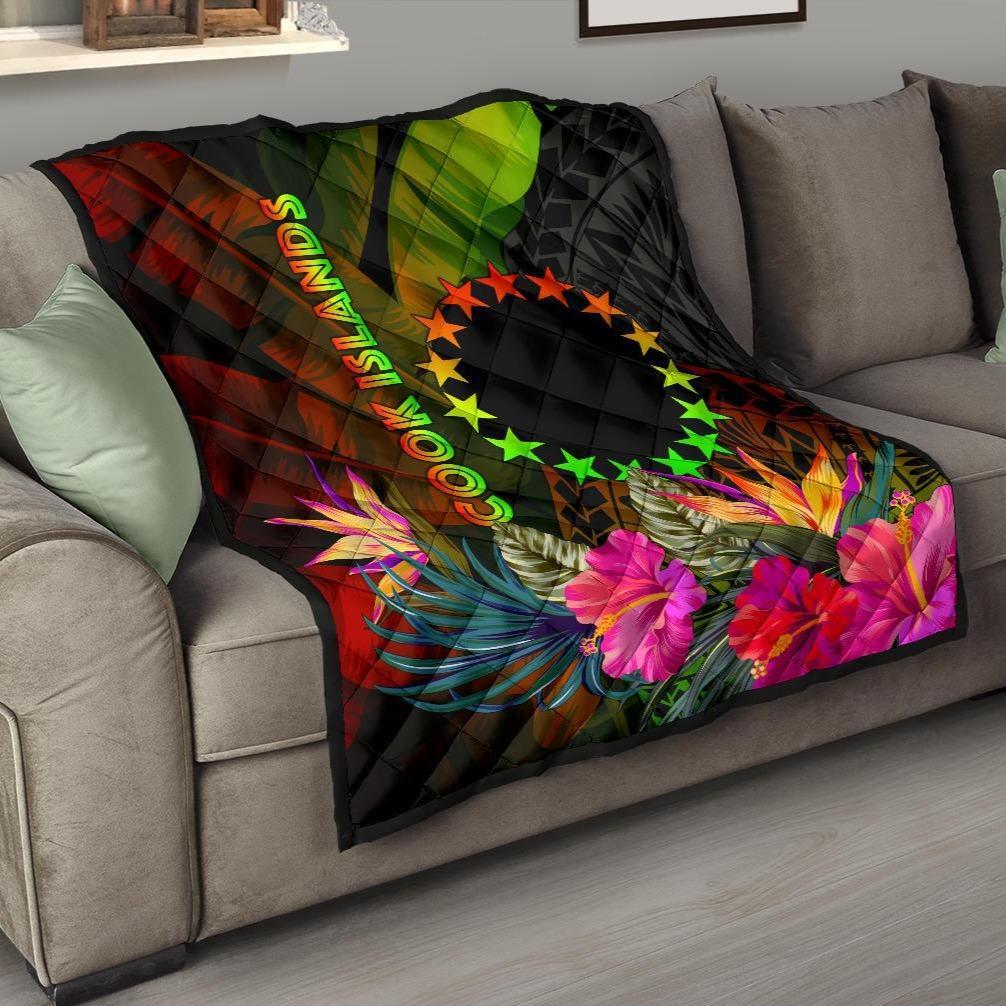 Cook Islands Polynesian Premium Quilt - Hibiscus and Banana Leaves - Polynesian Pride