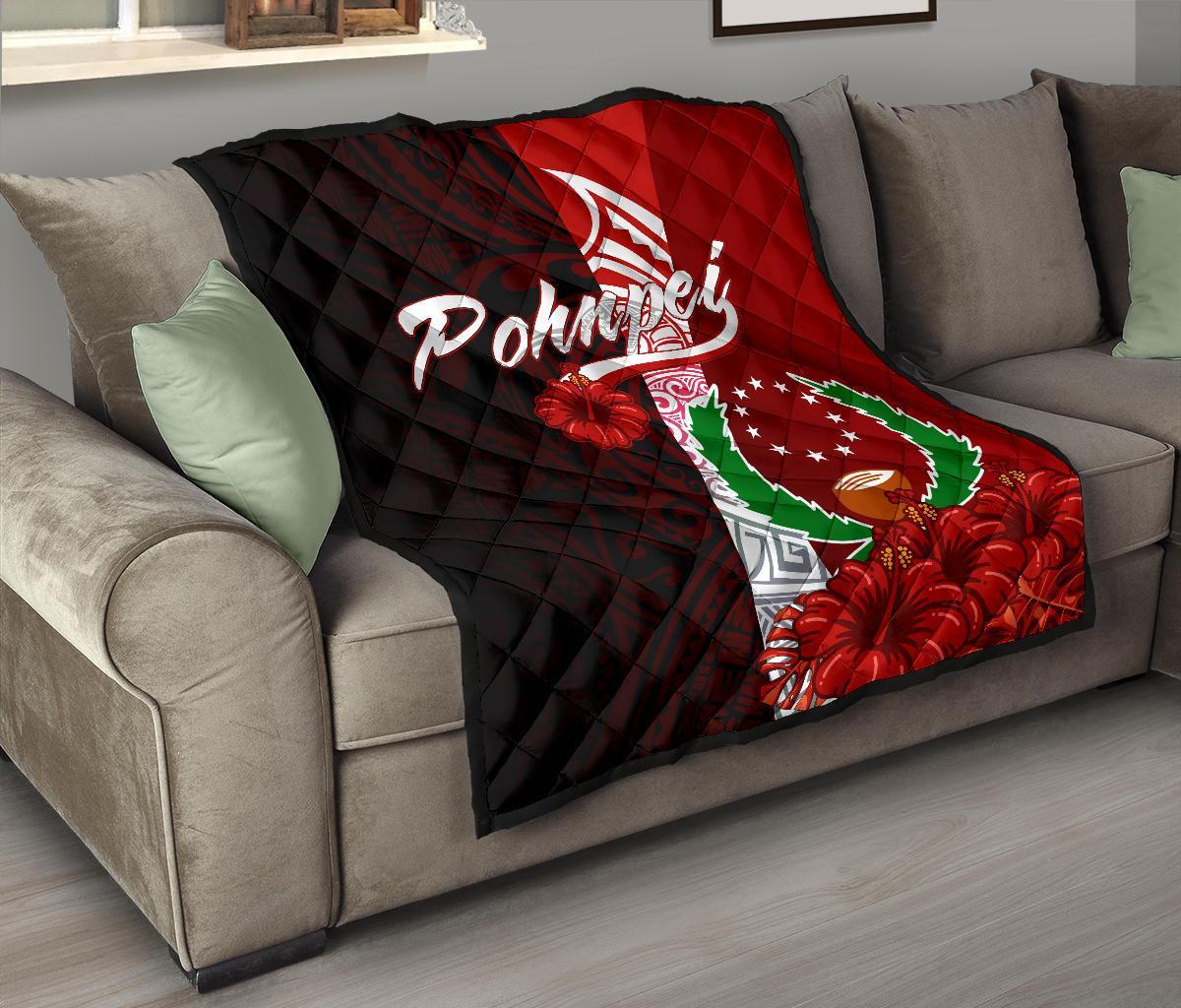 Pohnpei Micronesia Premium Quilt - Coat Of Arm With Hibiscus Red - Polynesian Pride