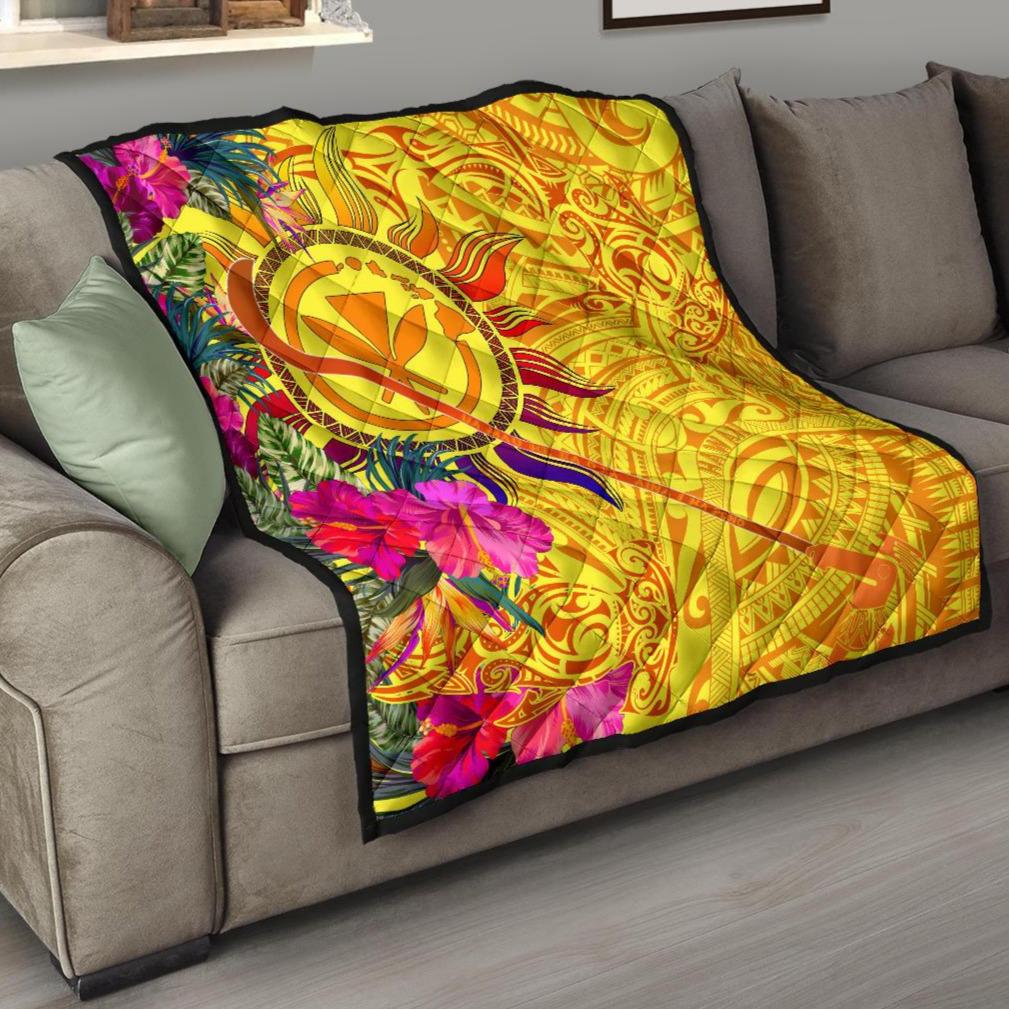 Polynesian Hawaii Kanaka Maoli Quilts - Hibiscus Flowers & Polynesian Patterns Yellow - Polynesian Pride