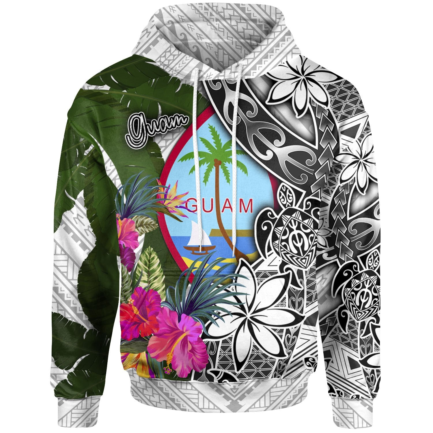 Guam Hoodie White Turtle Plumeria Banana Leaf Unisex White - Polynesian Pride