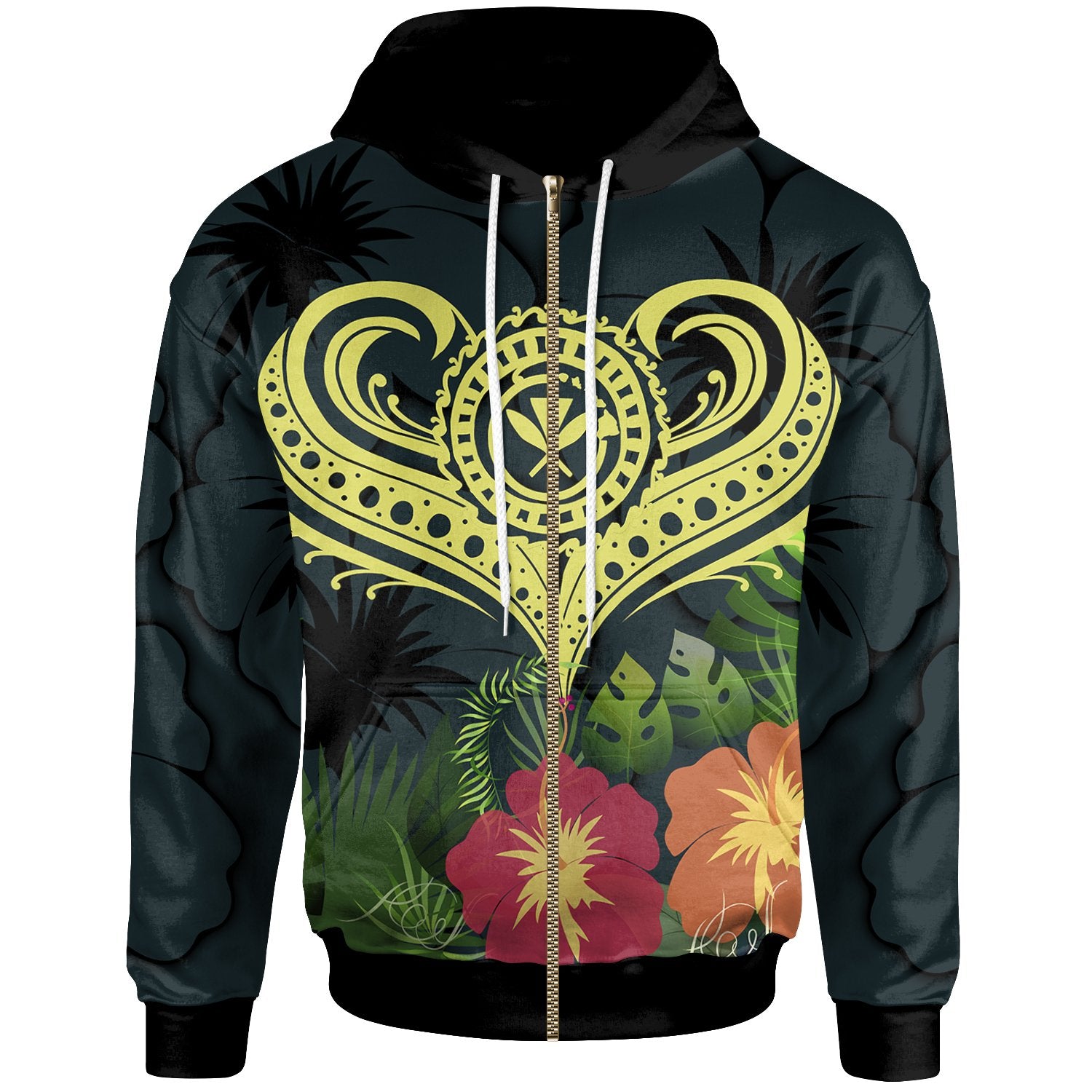 Polynesian Hawaii Kanaka Maoli Zip up Hoodie Heart with Hibiscus Unisex Green - Polynesian Pride