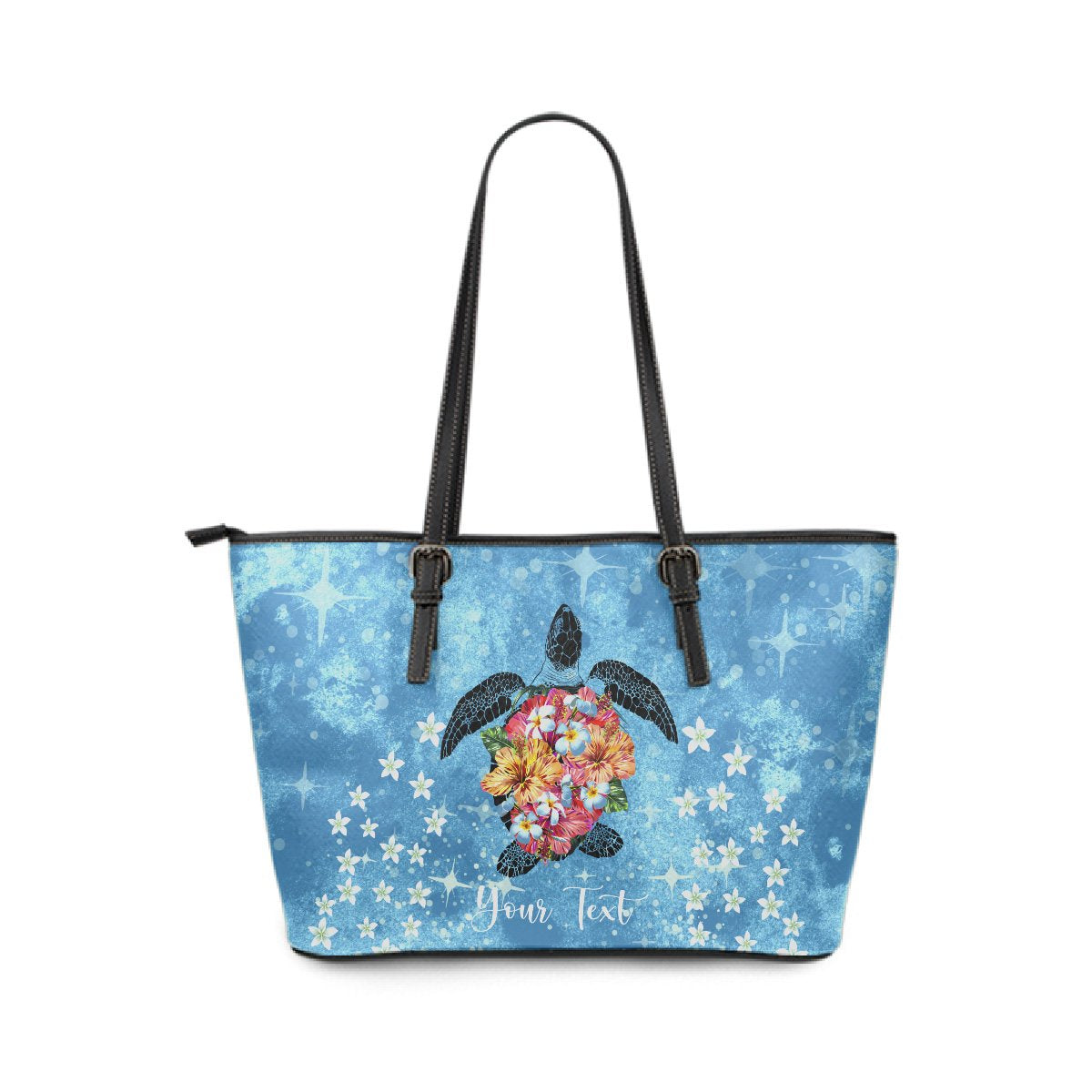 Personalized - Hawaii Turtle Hibiscus Plumeria Blue Large Leather Tote Bag Blue - Polynesian Pride