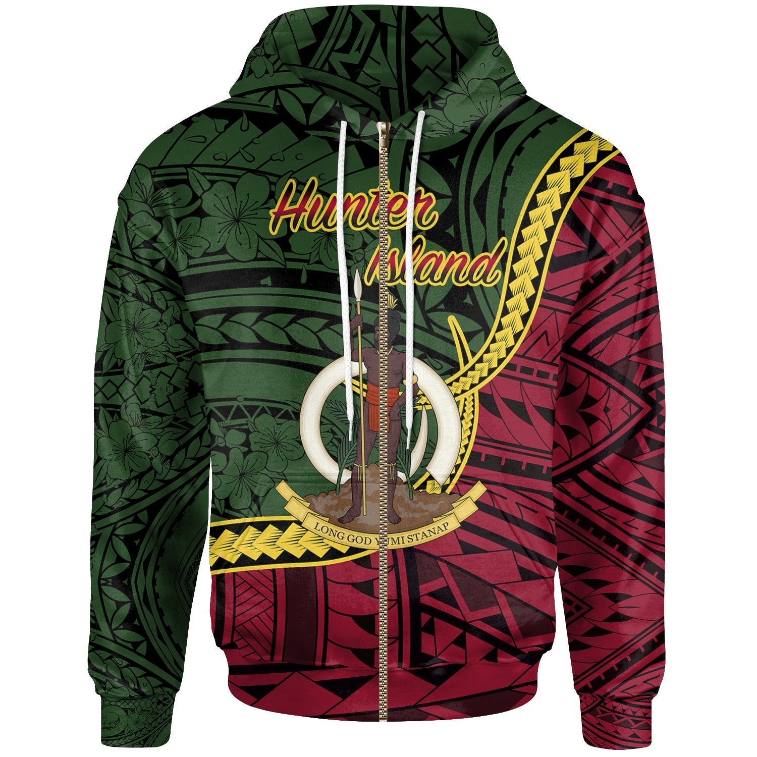 Vanuatu Zip Hoodie Hunter Island Seal of Vanuatu Polynesian Patterns Unisex Green - Polynesian Pride