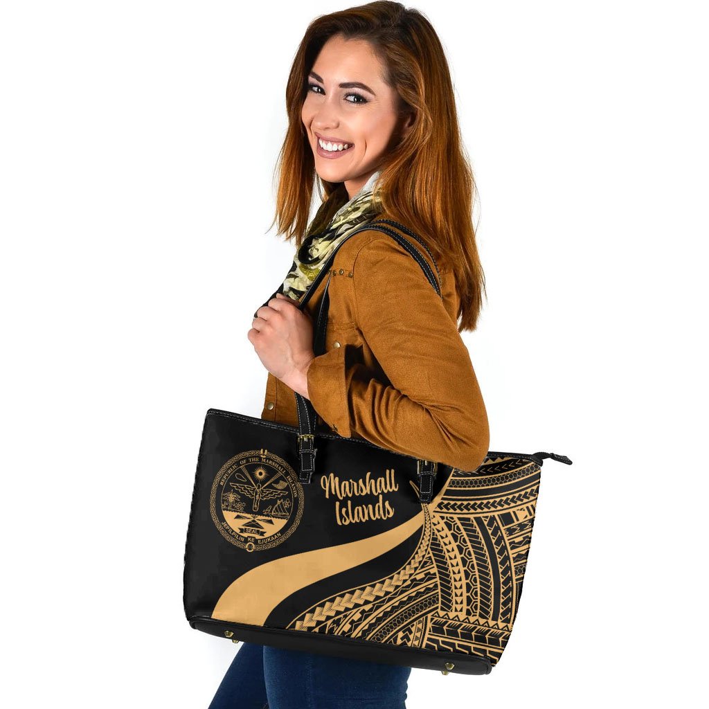 Marshall Islands Large Leather Tote Bag - Gold Polynesian Tentacle Tribal Pattern Crest Gold - Polynesian Pride