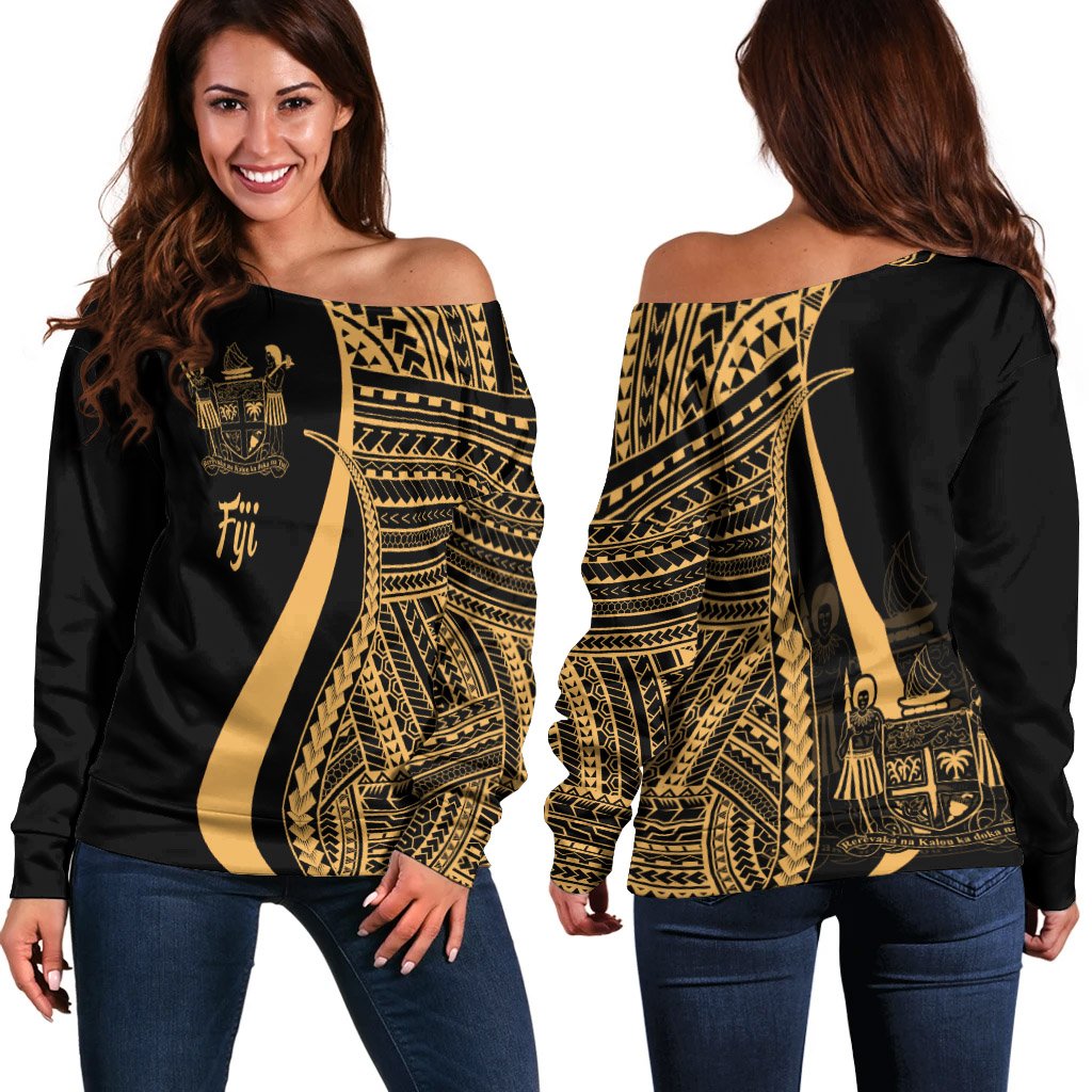 Fiji Women's Off Shoulder Sweater - Gold Polynesian Tentacle Tribal Pattern Crest Gold - Polynesian Pride