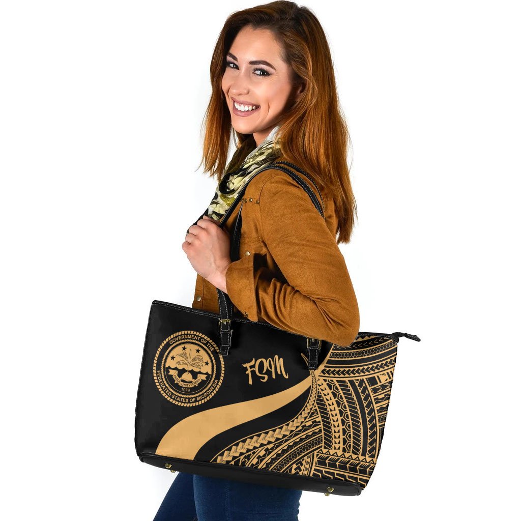 Federated States of Micronesia Large Leather Tote Bag - Gold Polynesian Tentacle Tribal Pattern Gold - Polynesian Pride