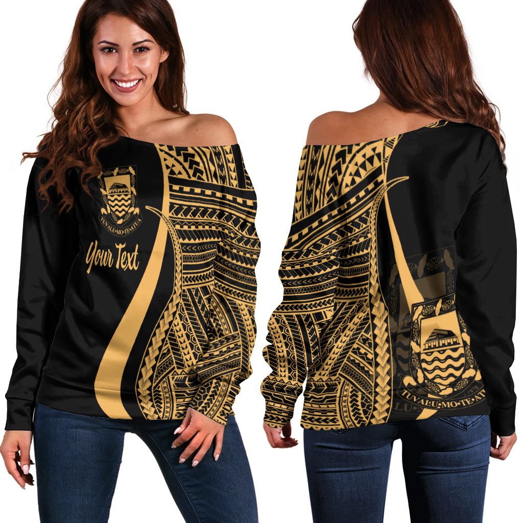 Tuvalu Custom Personalised Women's Off Shoulder Sweater - Gold Polynesian Tentacle Tribal Pattern Gold - Polynesian Pride