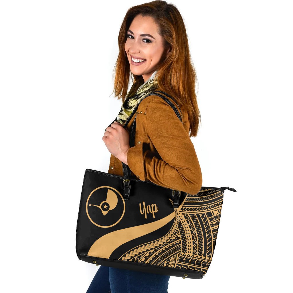 Yap Large Leather Tote Bag - Gold Polynesian Tentacle Tribal Pattern Gold - Polynesian Pride