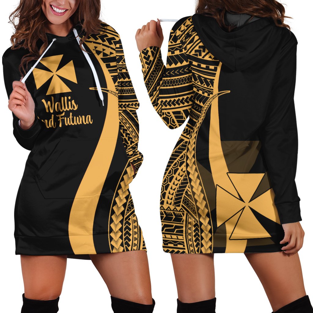 Wallis And Futuna Women's Hoodie Dress - Gold Polynesian Tentacle Tribal Pattern Gold - Polynesian Pride