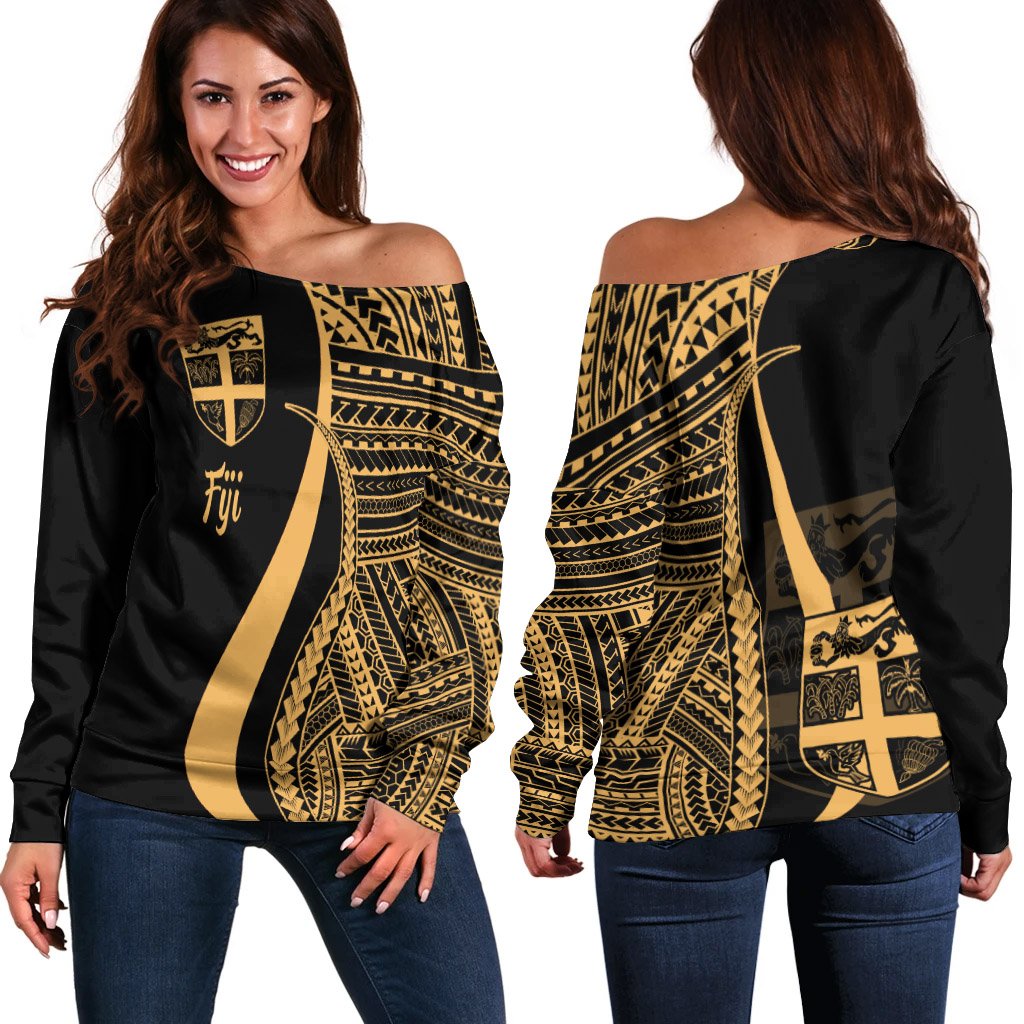 Fiji Women's Off Shoulder Sweater - Gold Polynesian Tentacle Tribal Pattern Gold - Polynesian Pride