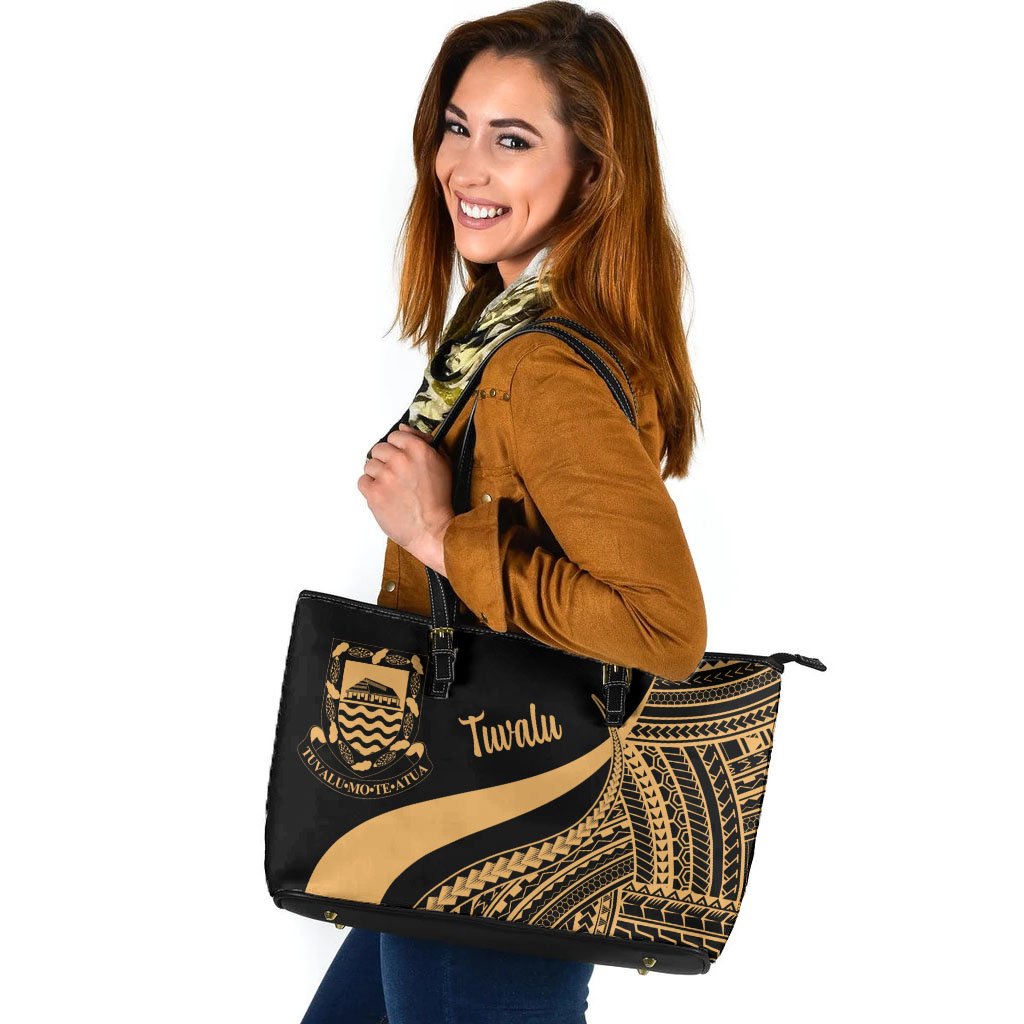 Tuvalu Large Leather Tote Bag - Gold Polynesian Tentacle Tribal Pattern Gold - Polynesian Pride