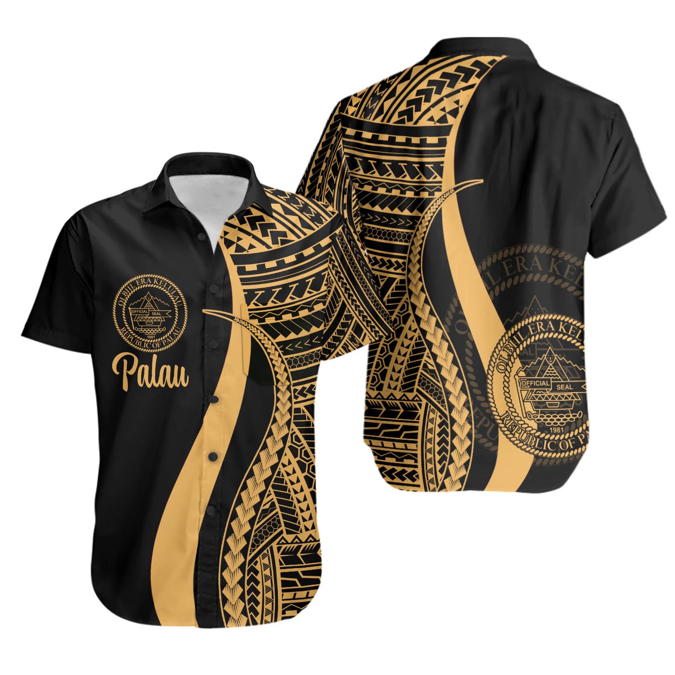 Palau Short Sleeve Shirts - Gold Polynesian Tentacle Tribal Pattern Crest Unisex Gold - Polynesian Pride