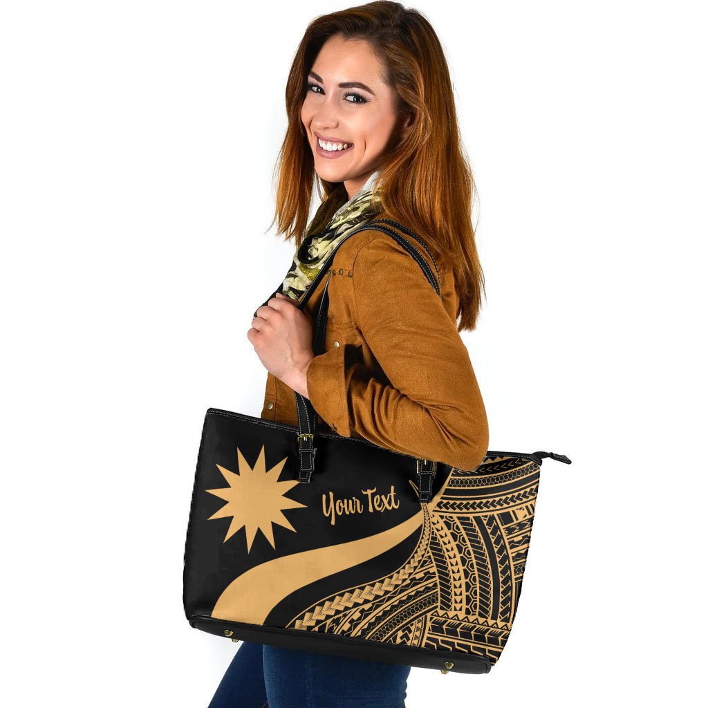 Nauru Custom Personalised Large Leather Tote Bag - Gold Polynesian Tentacle Tribal Pattern Gold - Polynesian Pride