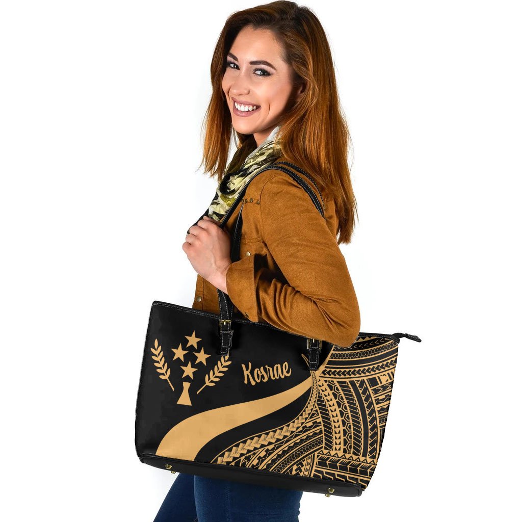 Kosrae Large Leather Tote Bag - Gold Polynesian Tentacle Tribal Pattern Gold - Polynesian Pride