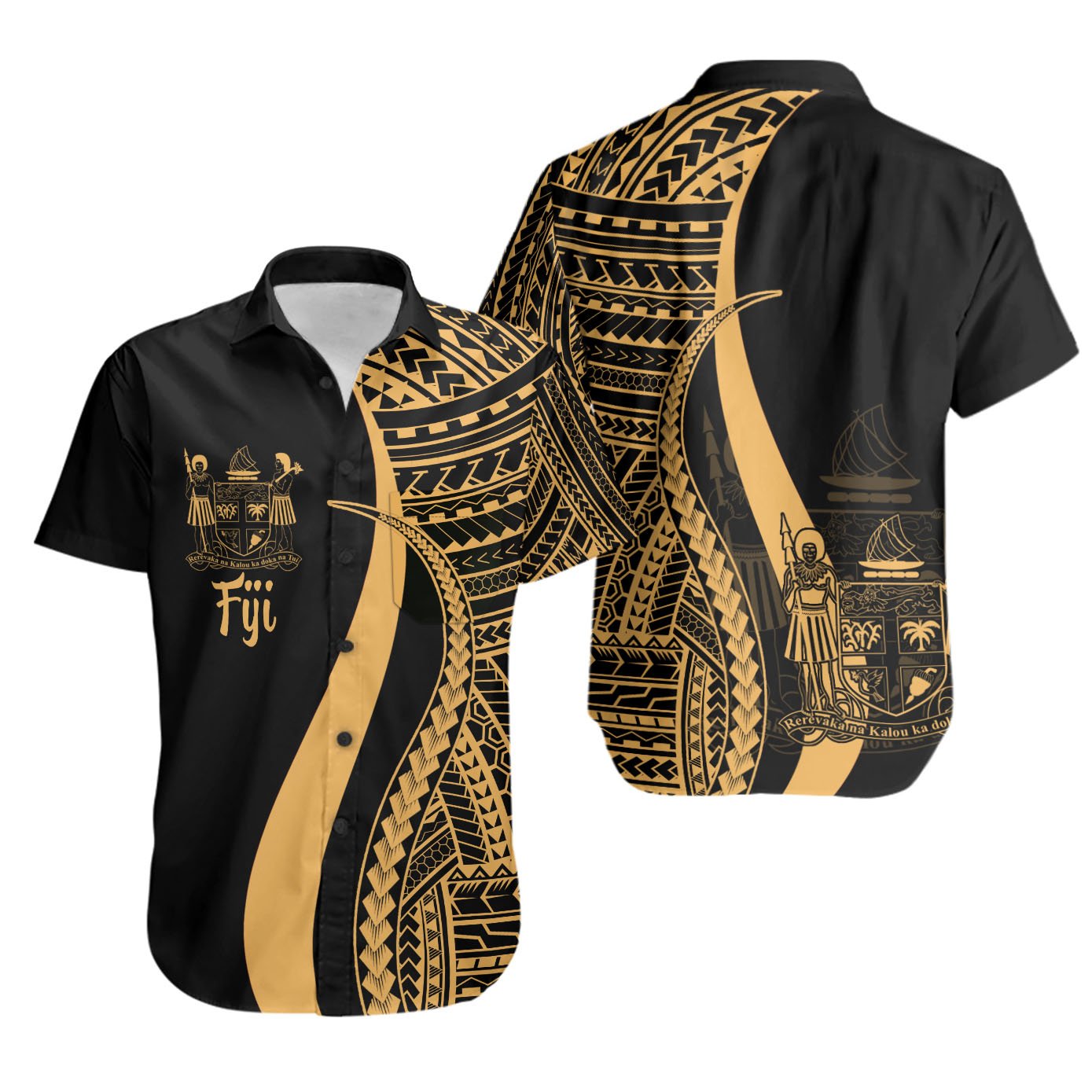 Fiji Short Sleeve Shirts - Gold Polynesian Tentacle Tribal Pattern Crest Unisex Gold - Polynesian Pride