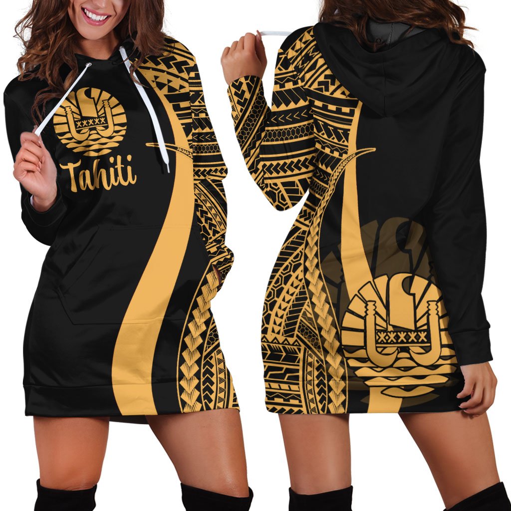 Tahiti Women's Hoodie Dress - Gold Polynesian Tentacle Tribal Pattern Gold - Polynesian Pride