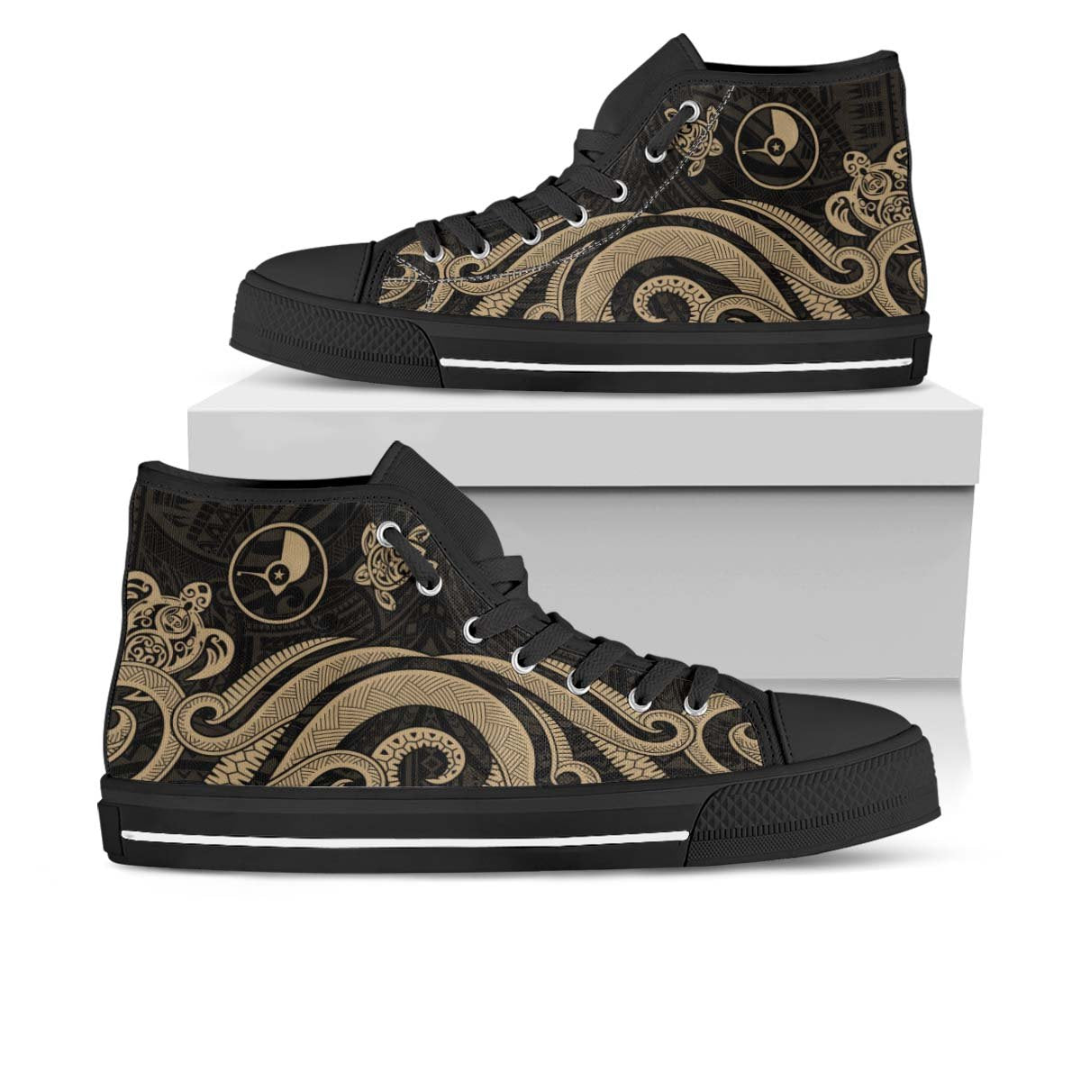 Yap High Top Shoes - Gold Tentacle Turtle Unisex Black - Polynesian Pride