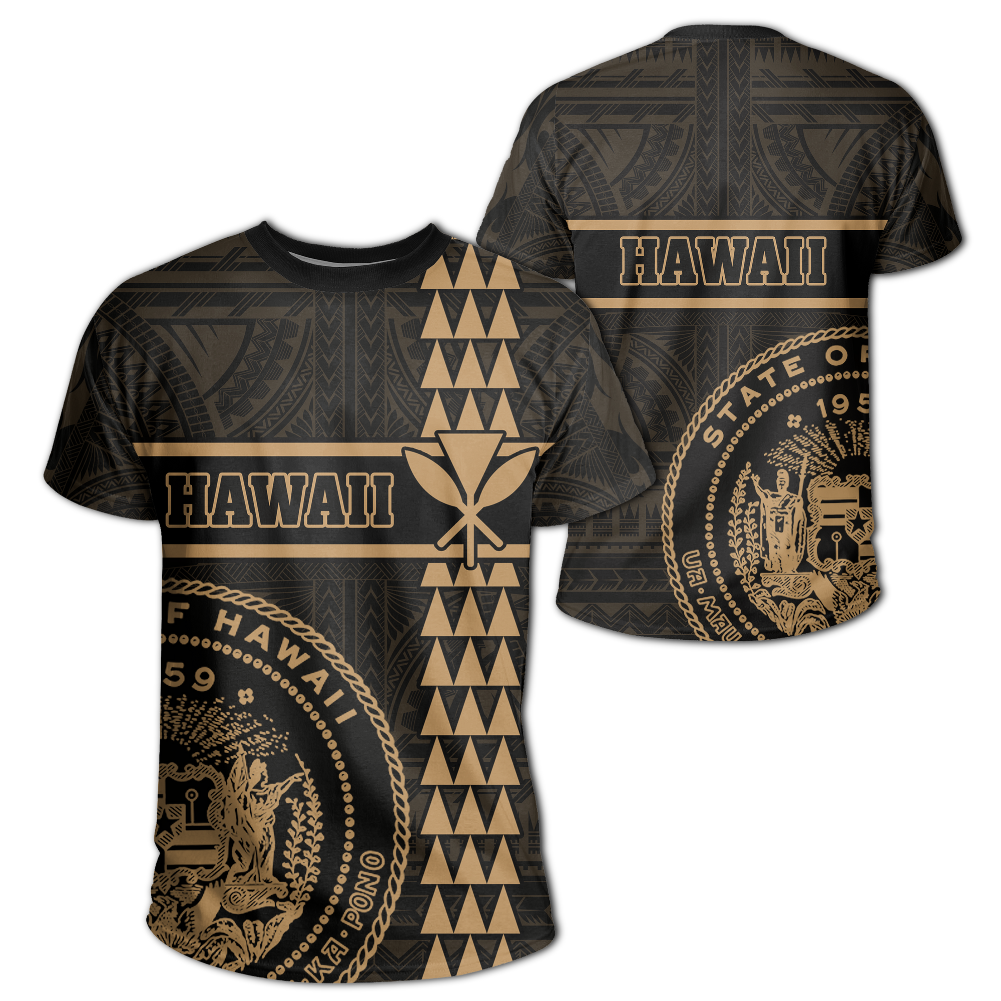 Hawaii Coat of Arms Kanaka Polynesian T Shirt Gold Unisex Gold - Polynesian Pride