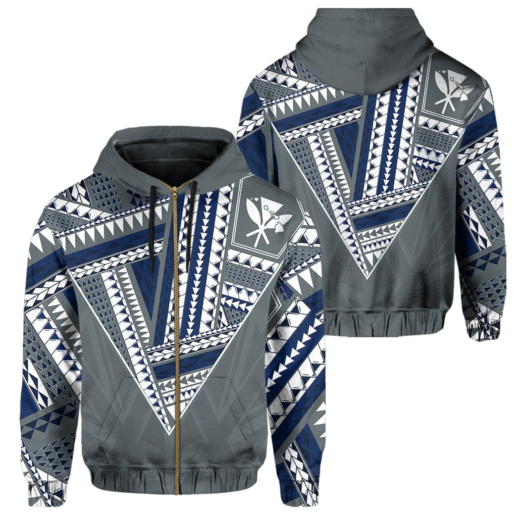 Hawaii Hoodie Zip Football Jersey Style Gray and Blue Unisex Gray - Polynesian Pride