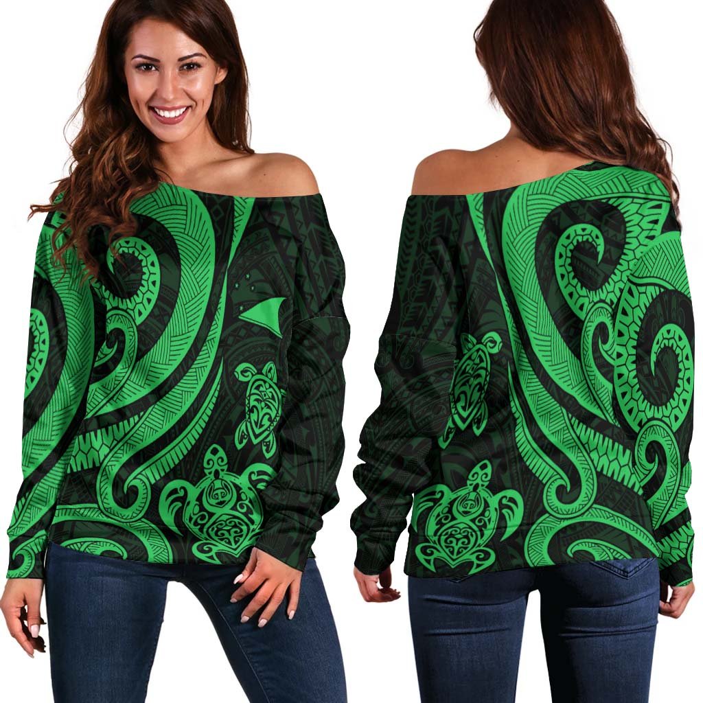 Tokelau Women's Off Shoulder Sweater - Green Tentacle Turtle Green - Polynesian Pride